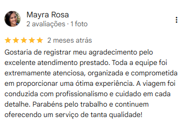 Avaliação cinco estrelas de Mayra Rosa no Google